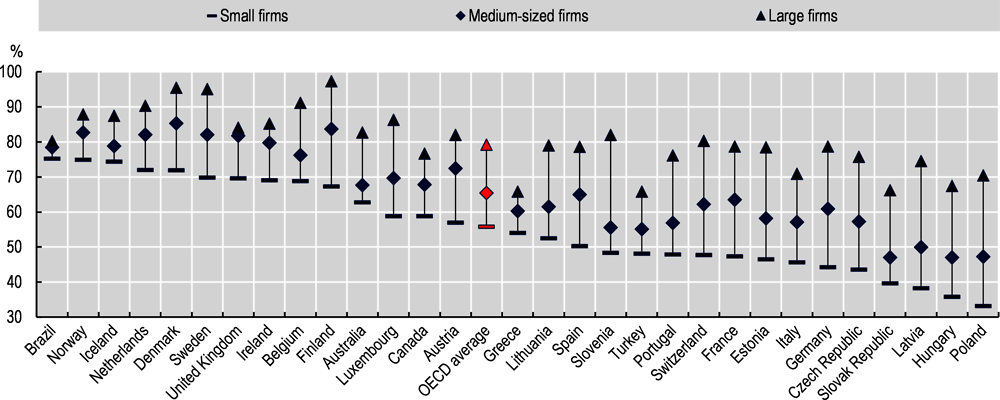 Figure 3.6. While broadly mainstreamed among large firms, the use of social media remains very unequal among SMEs and across countries