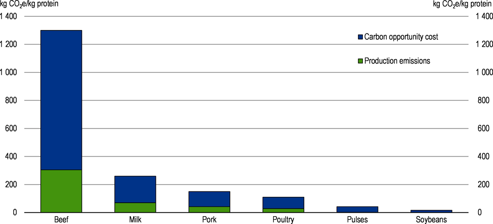 Figure 3.14. Animal proteins, and particularly beef meat, have huge carbon footprint relative to plant proteins