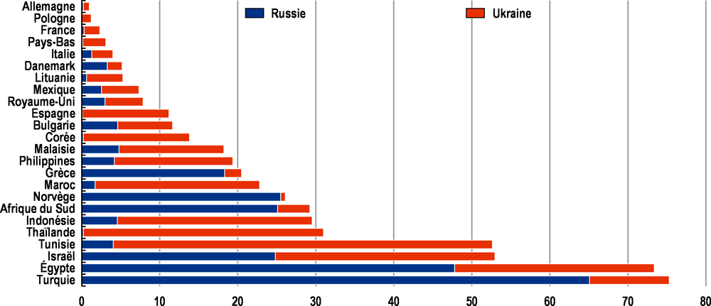 Graphique 4. Les importations de blé en provenance de la Russie et de l’Ukraine sont très importantes dans certains pays