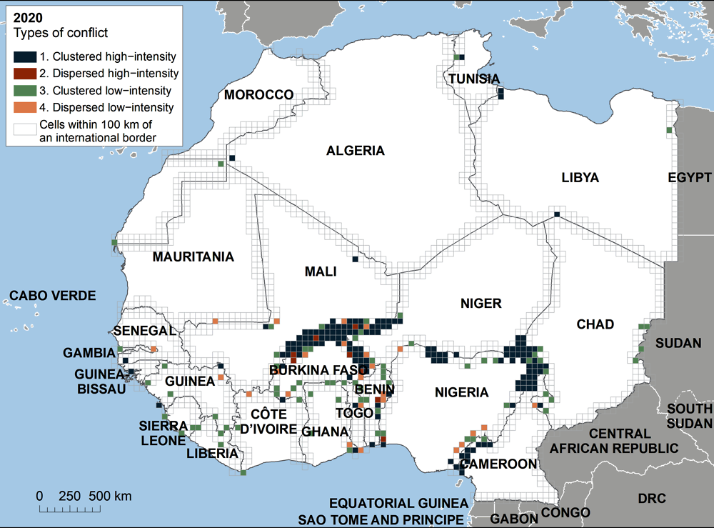 Map 1.3. Main hotspots of border violence in West Africa, 2020